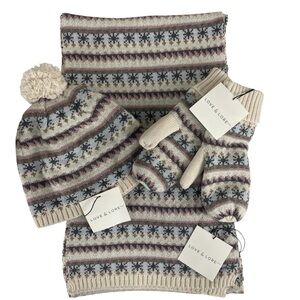 Love & Lore Womens Fairisle Winter Knit Set Scarf Hat & Mittens NWT
